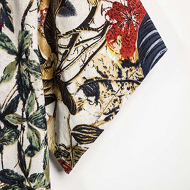Heren Cottonn Tropical Leaves Print Oosterse Henley-shirts Met Korte Mouwen