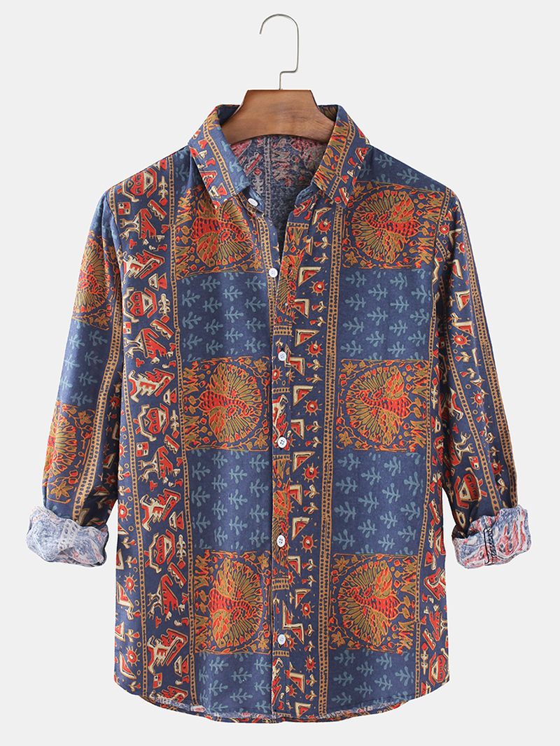Heren Etnische Stijl Print Revers Kraag Knopen Vintage Shirts Met Lange Mouwen