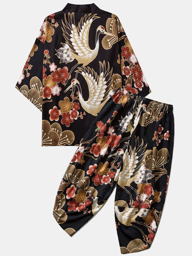 Heren Japanse Kimono Kraanvogel Bloemenprint Open Voorzijde & Broek Co-ords