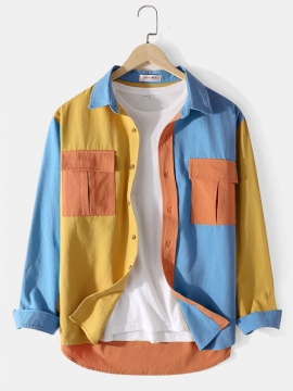 Heren Katoenen Colorblock Patchwork Overhemden In Cargo-stijl Met Klepzakken