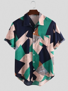 Heren Katoenen Onregelmatige Geometrische Print Kleurblok Patch Zak Casual Shirts