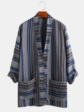Heren Katoenen Vintage Gestreepte Kimono-vestoverhemden Met Dubbele Zak
