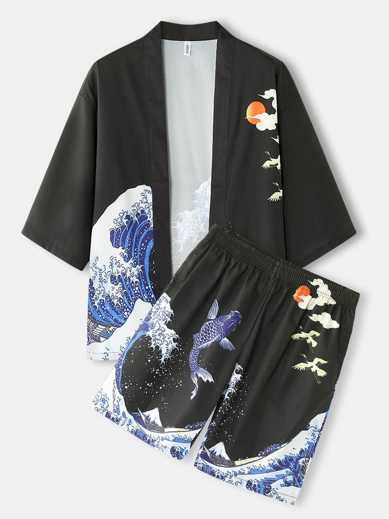 Heren Kimono Golven & Pet Patroon Japanse Elastische Taille Tweedelige Outfits