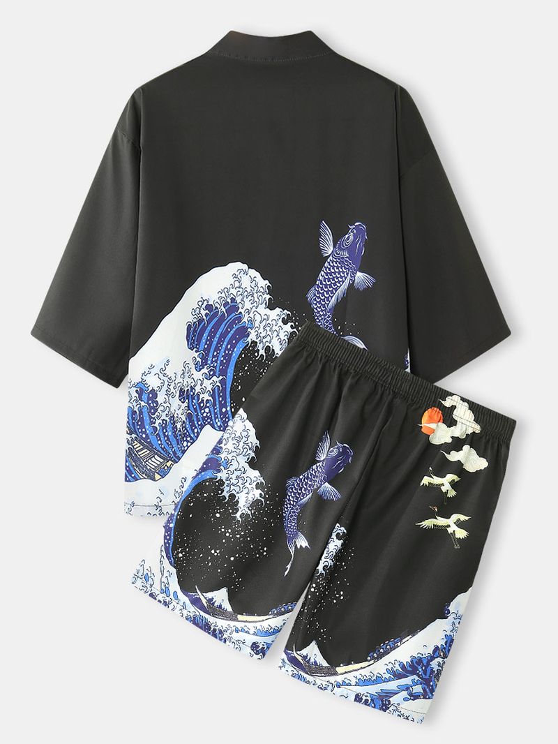 Heren Kimono Golven & Pet Patroon Japanse Elastische Taille Tweedelige Outfits