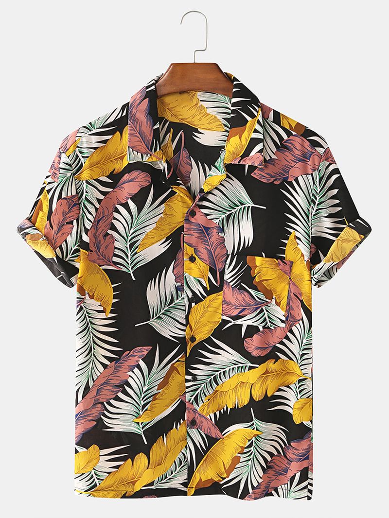Heren Kleurrijke Tropische Plant Bladeren Print Borstzak Vakantie Strand Shirts Met Korte Mouwen