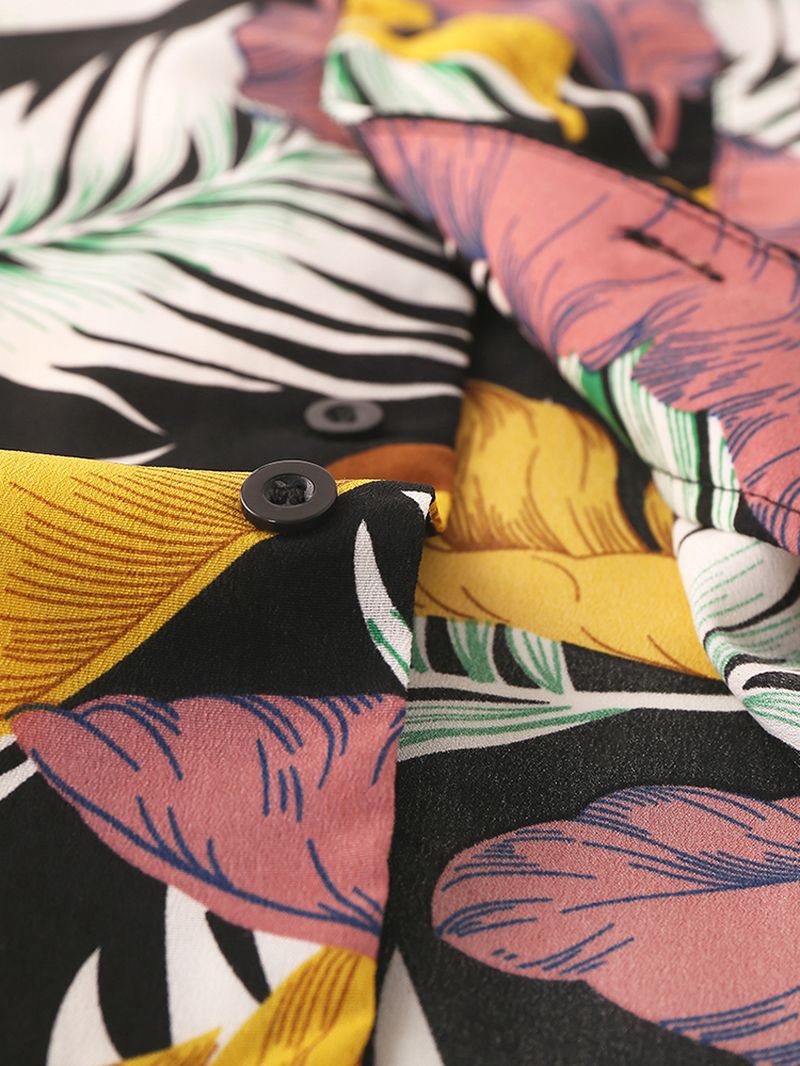 Heren Kleurrijke Tropische Plant Bladeren Print Borstzak Vakantie Strand Shirts Met Korte Mouwen