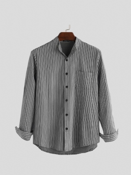Heren Kraagloze Shirts Vintage Gestreept Shirt Grandad Button-down Linnen Losse Top