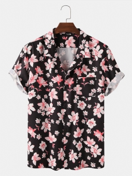 Heren Peach Blossom Bloemenprint Korte Mouwen Vakantie Ademende Shirts