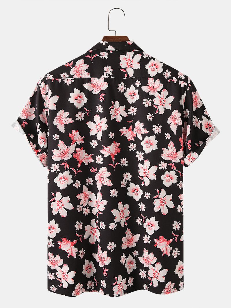 Heren Peach Blossom Bloemenprint Korte Mouwen Vakantie Ademende Shirts