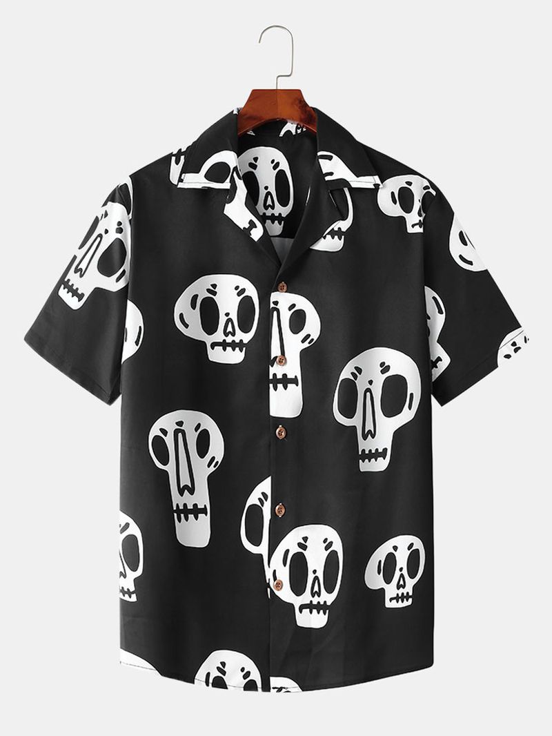 Heren Skelet Print Revere Kraag Shirt Met Korte Mouwen