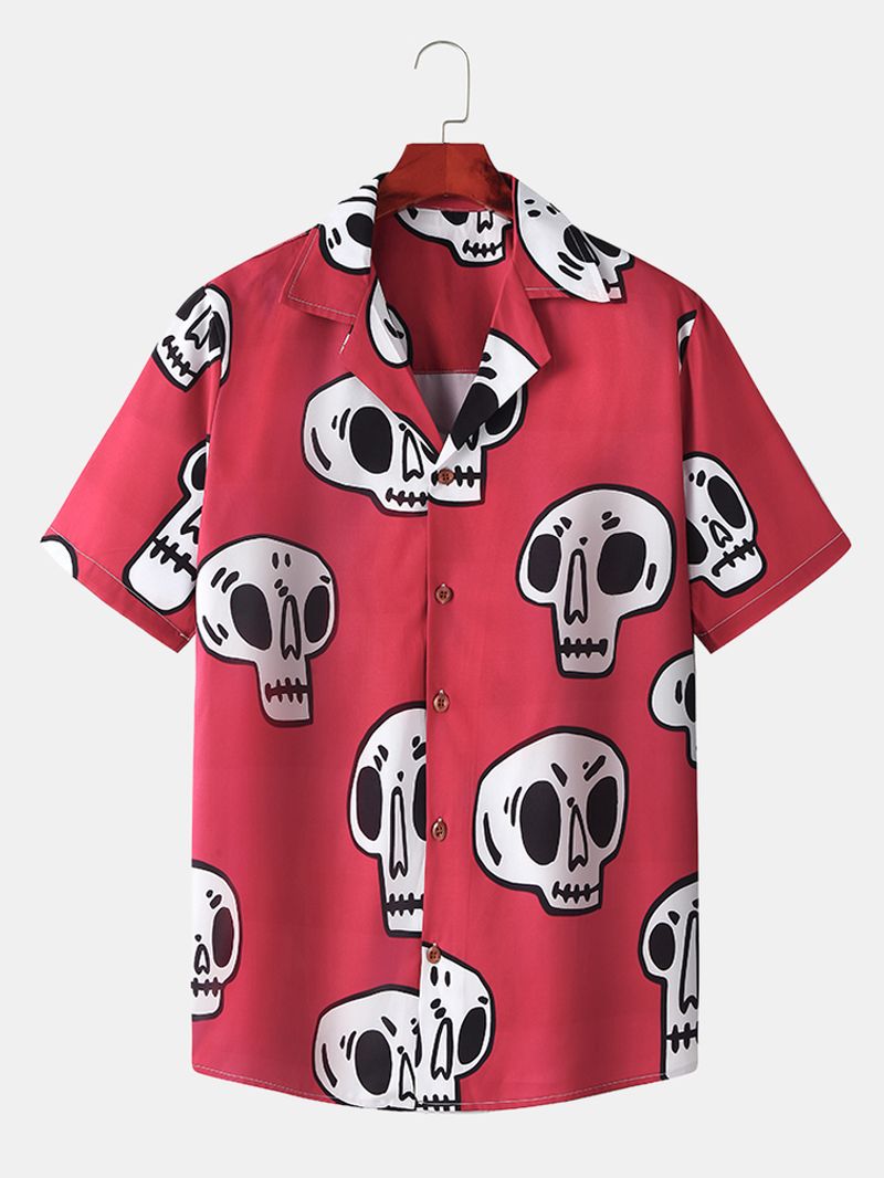 Heren Skelet Print Revere Kraag Shirt Met Korte Mouwen
