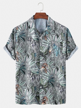 Heren Tropische Bladeren Print Hawaii Casual Shirts Met Korte Mouwen