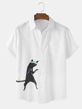 Katoenen Heren Grappige Cartoon Kattenprint Shirts Met Korte Mouwen