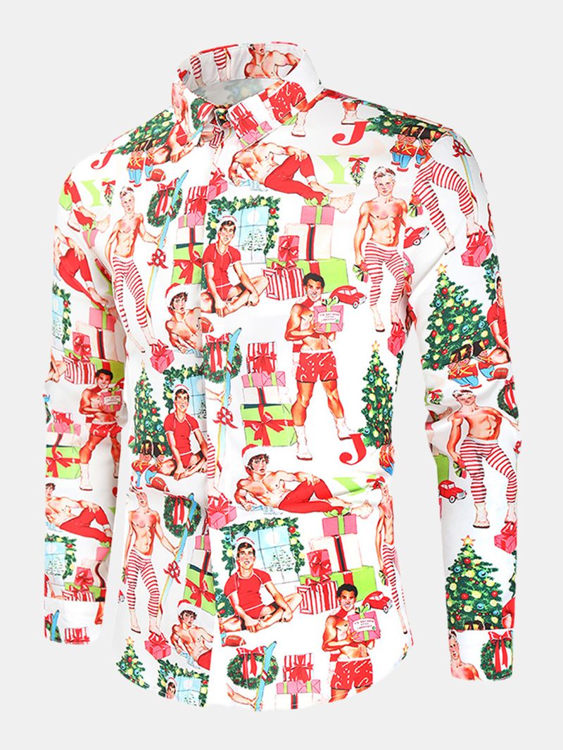 Kerststijl Heren Grappige Figuurprint Shirts Met Lange Mouwen