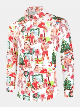 Kerststijl Heren Grappige Figuurprint Shirts Met Lange Mouwen