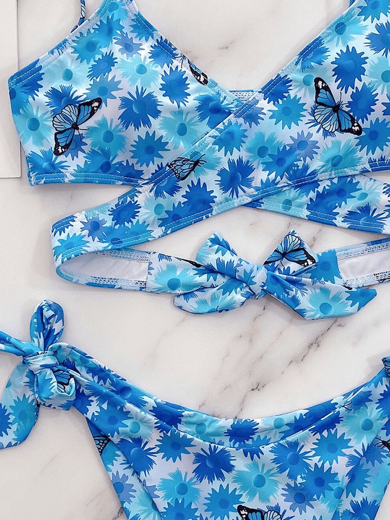 Bloemen Butterfly Animal Print Tie Cross Split Beach Bikini Dames Badpak