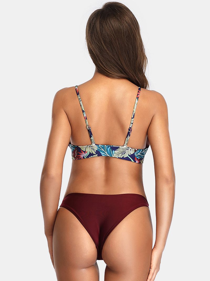 Dames Bladeren Print Driehoek Aangepaste Bandjes Backless Hot Swimwear Bikini
