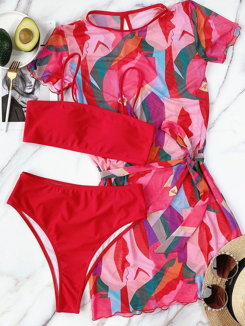 Dames Color Block Lace-up Jurk Met Korte Mouwen Spaghettibandjes Bikini's Badpak