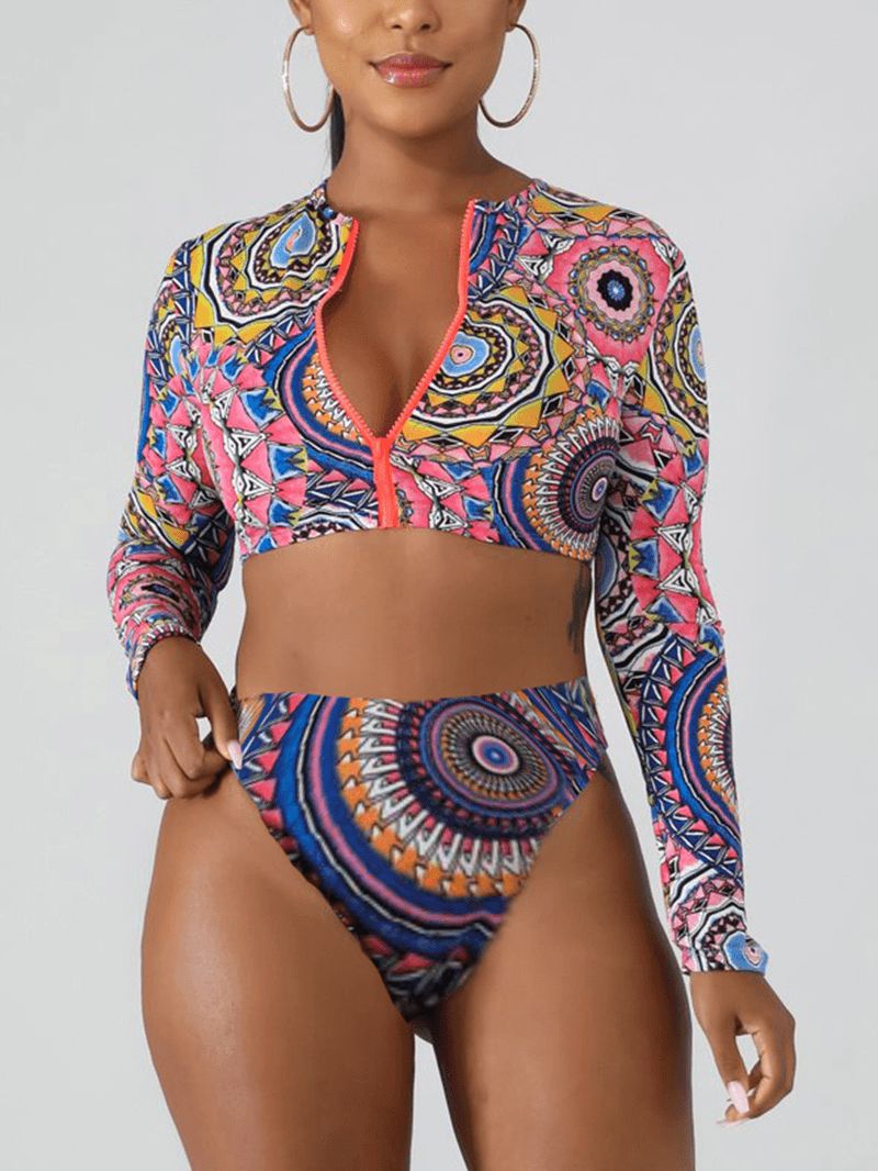 Dames Etnische Patroon Print Lange Mouw Rits Crop Skinny Hoog Getailleerde Bikini's Badpak