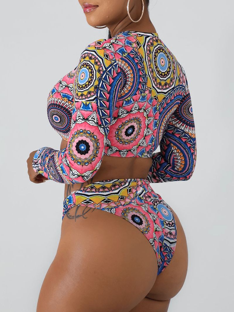 Dames Etnische Patroon Print Lange Mouw Rits Crop Skinny Hoog Getailleerde Bikini's Badpak