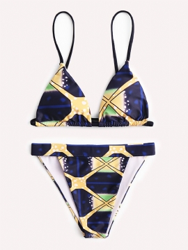 Dames Geometrische Print Driehoek String Backless Badpak Hoge Taille Bikini