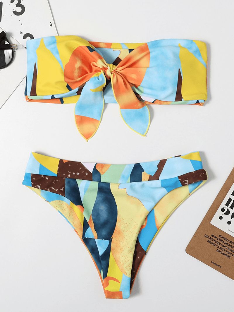 Dames Kleurrijke Print Tie Front Bandeau Strapless Bikini's Met String