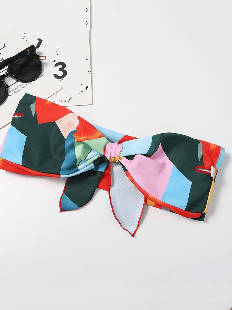 Dames Kleurrijke Print Tie Front Bandeau Strapless Bikini's Met String