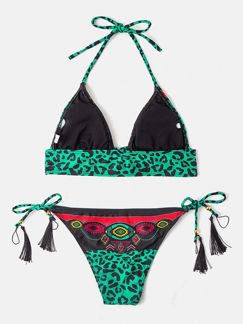 Dames Leopard Patchwork Etnische Print Halter String Bikini Backless Badmode