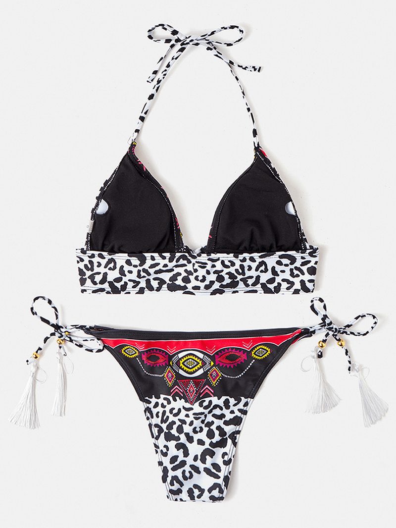 Dames Leopard Patchwork Etnische Print Halter String Bikini Backless Badmode
