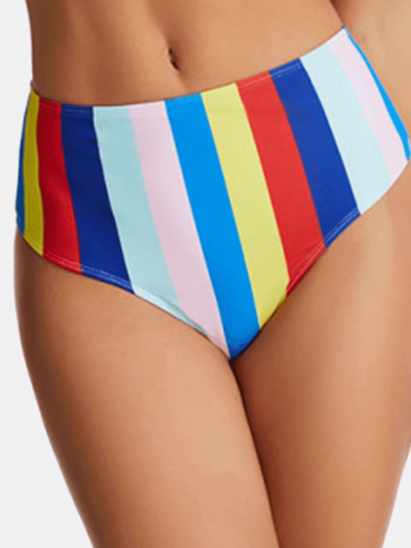 Dames Multicolor Stripe Fold Geplooide Brede Bandjes Hoog Getailleerde Bikini's Badpak