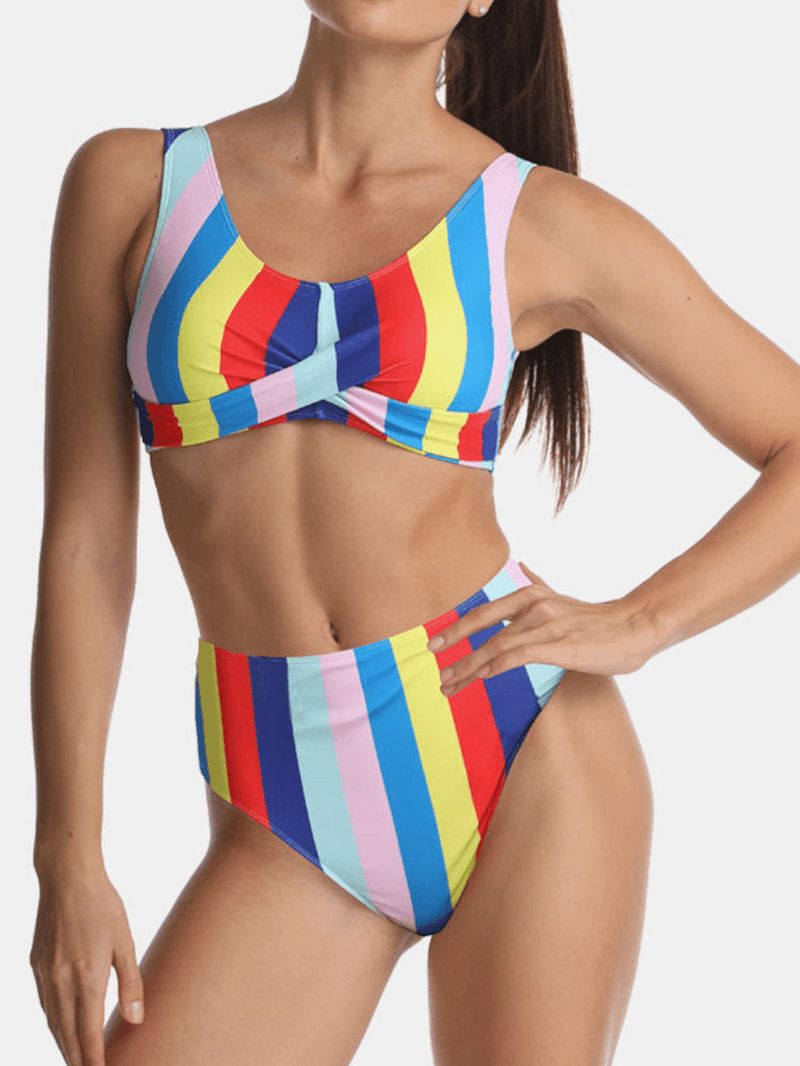 Dames Multicolor Stripe Fold Geplooide Brede Bandjes Hoog Getailleerde Bikini's Badpak