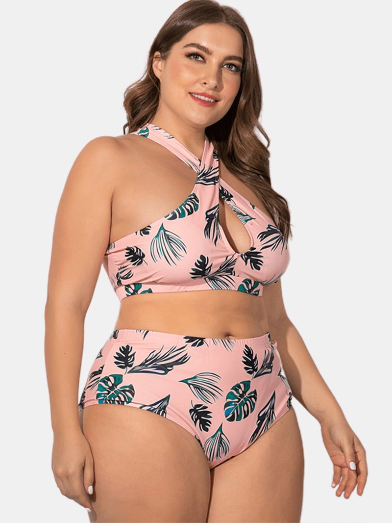 Dames Plus Size Criss Cross Strappy Bedrukte Hoge Taille Bikini