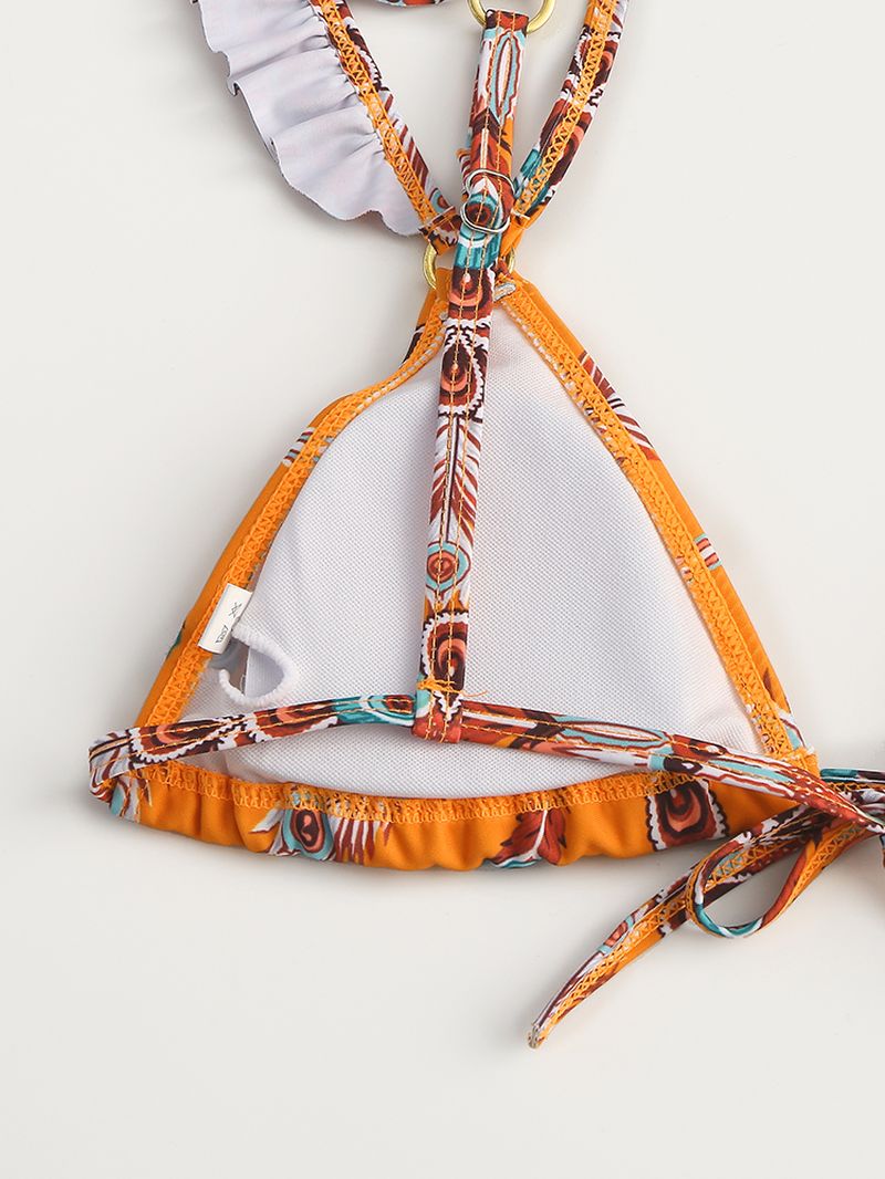 Dames Retro Print Bikini Verstoorde Bandjes String Triangle Backless Badmode