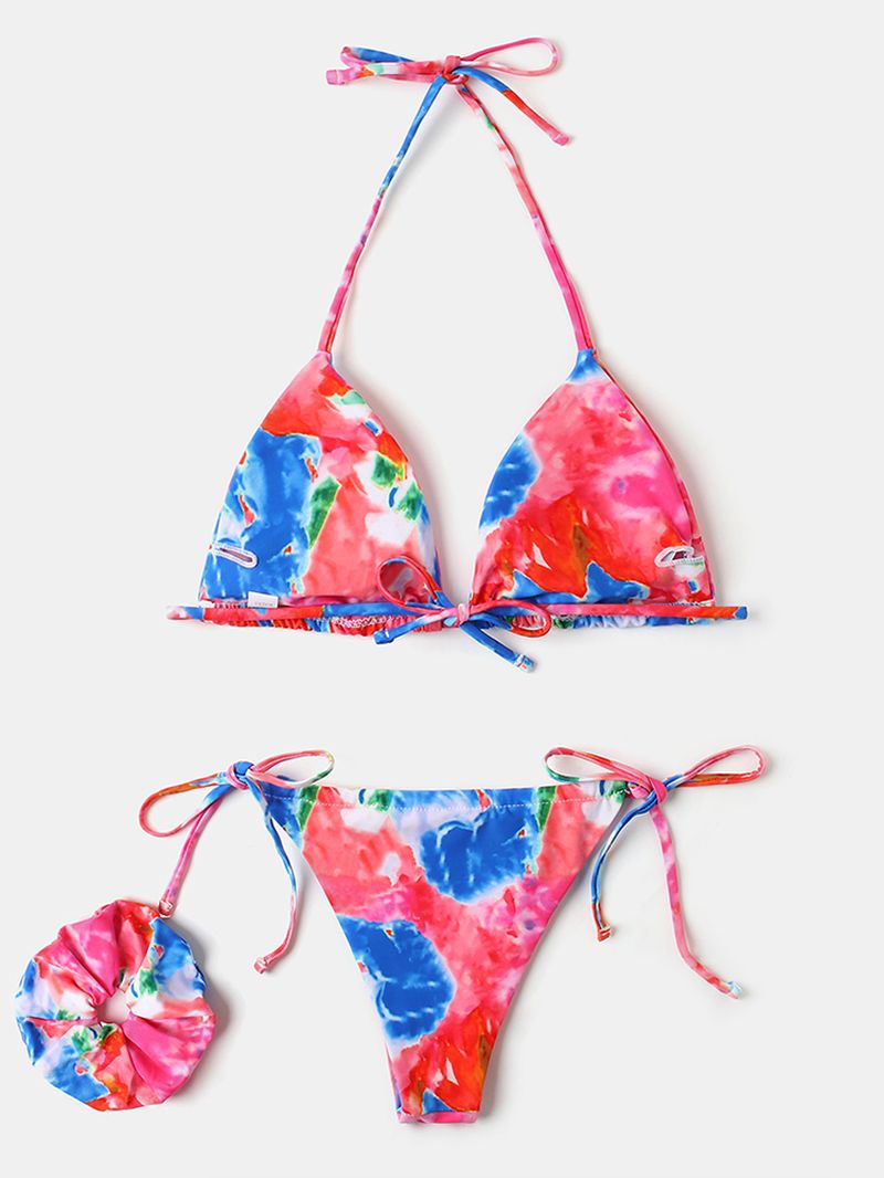 Dames Tie Dye Triangle Halter String Micro Bikini's Backles Beachwear Met Hand Ring