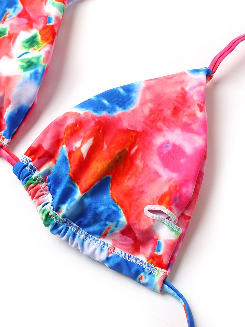 Dames Tie Dye Triangle Halter String Micro Bikini's Backles Beachwear Met Hand Ring
