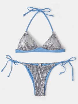 Dames Triangle Halter Sequ Effen Kleur Backless Bikini String Beachwear