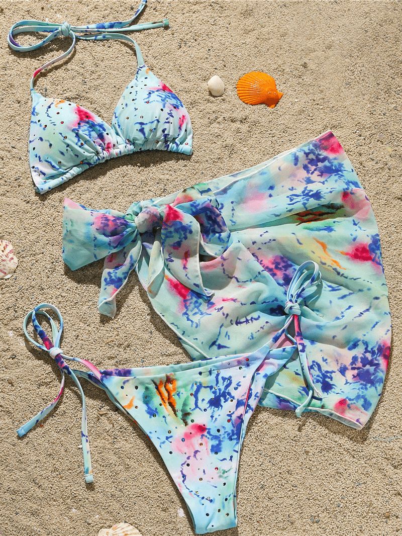 Dames Triangle Tie Dye Print Trim Bikini Met Cover-up Rok Driedelige Sets
