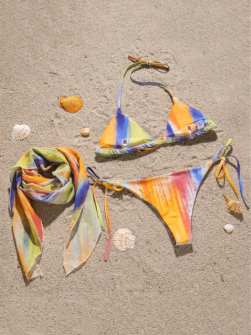Dames Triangle Tie Dye Print Trim Bikini Met Cover-up Rok Driedelige Sets