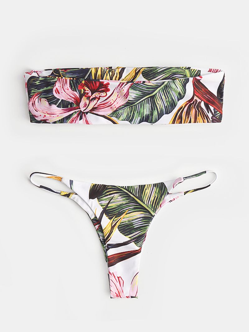 Dames Tropische Print Bandeau Bikini String Backless Badpak