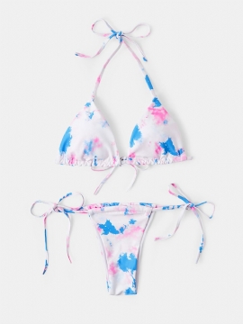 Driehoekige Tie-dye Halter String Bikini Open Rug Strandkleding Voor Dames