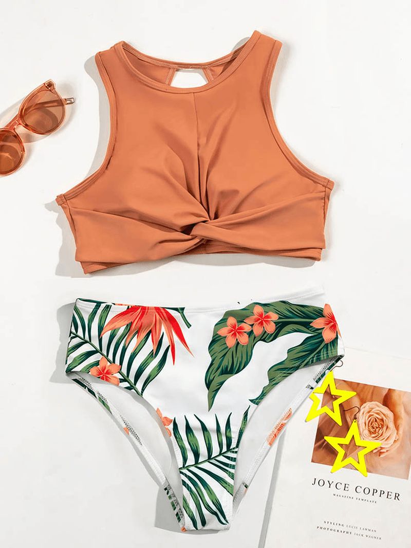 Effen Kleur Twist Hoge Hals Top Tropische Print Hoge Taille Hawaii Stijl Panty Bikini Voor Dames