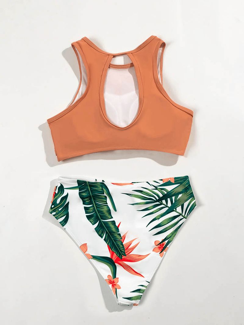 Effen Kleur Twist Hoge Hals Top Tropische Print Hoge Taille Hawaii Stijl Panty Bikini Voor Dames