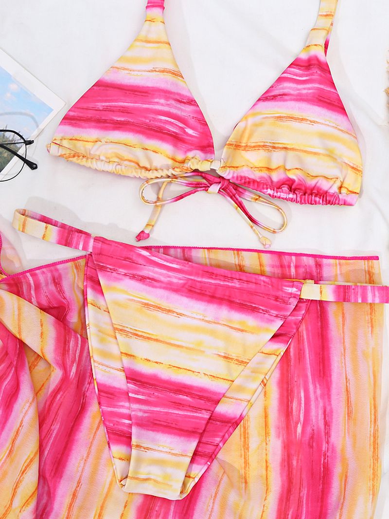 Gradient Stripe Print Triangle String Backless Cover-up Chiffon Rokken Hoge Taille Bikini