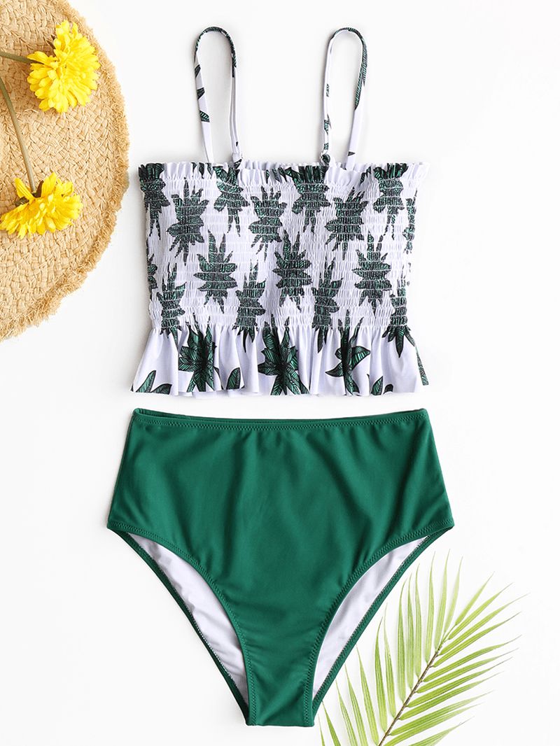 Hawaï-stijl Dames Tropische Bladeren Print Ruches Zoom Strand Hoge Taille Bikini