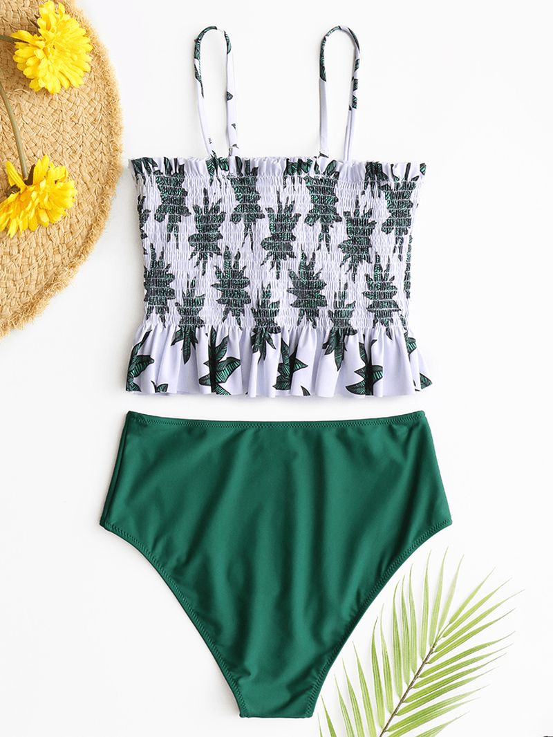 Hawaï-stijl Dames Tropische Bladeren Print Ruches Zoom Strand Hoge Taille Bikini
