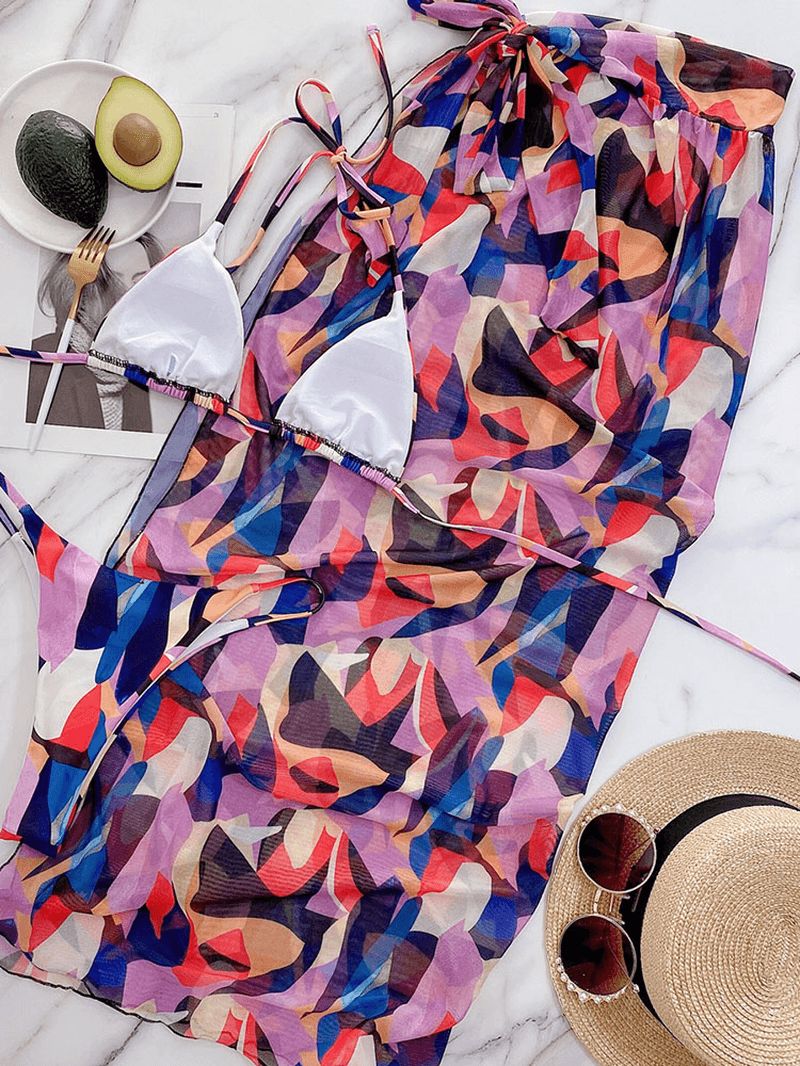Kleurblok Print Halter String Bikini's Strand Dames Badpak Met Cover Up