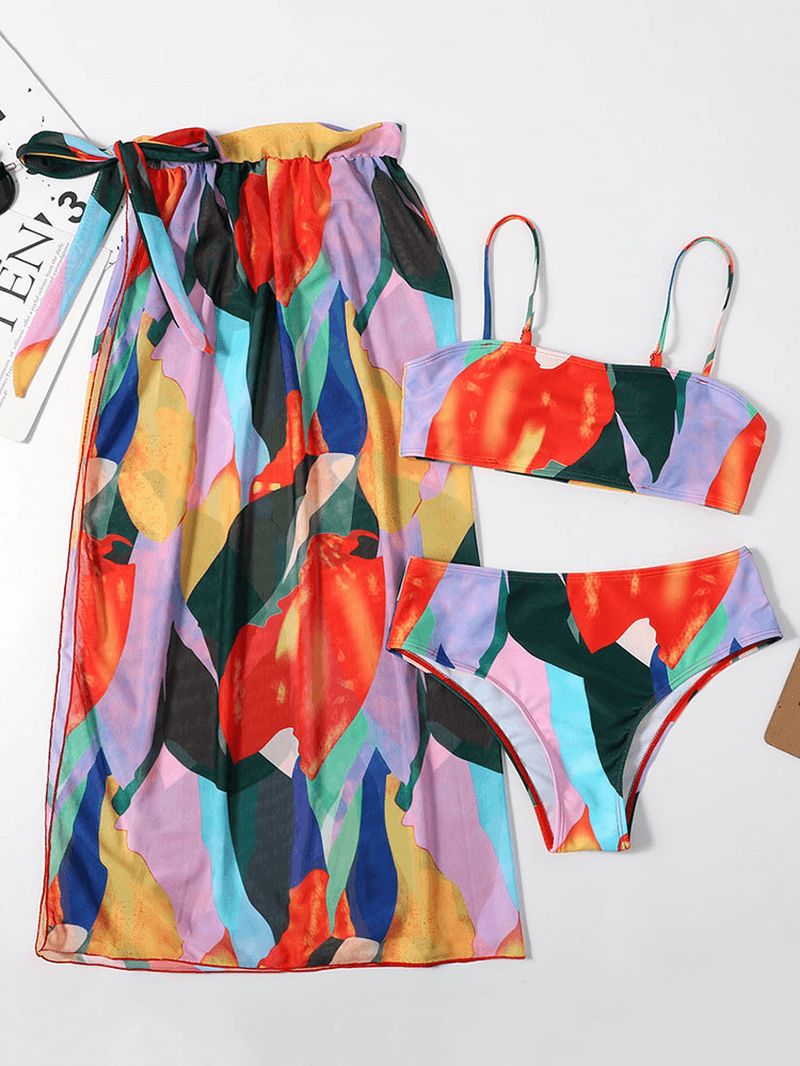 Kleurrijke Abstracte Bedrukte Spaghettibandjes Bikini's Badpak Met Bedekkende Driedelige Sets