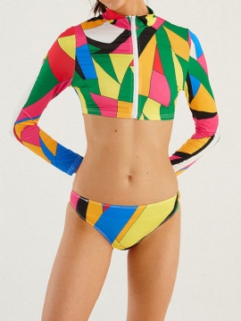 Plus Size Dames Geometrische Print Zip Front Surfing Badmode Zonnebrandcrème Lange Mouw Bikini