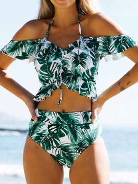 Tropische Bladprint Halter Ruches Trim Koord Hoge Taille Hawaii Bikini Voor Dames