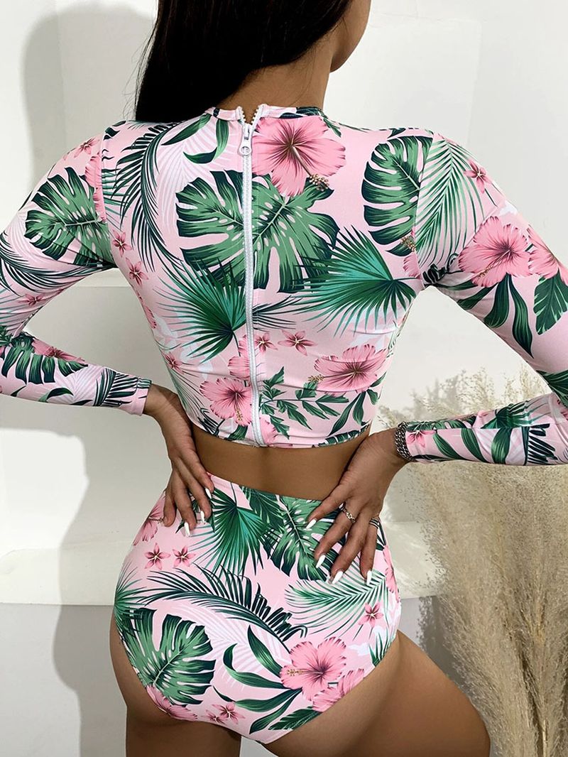 Tropische Plant Print Zip Terug Lange Mouw Hoog Getailleerde Bikini's Vrouwen Strand Badpak